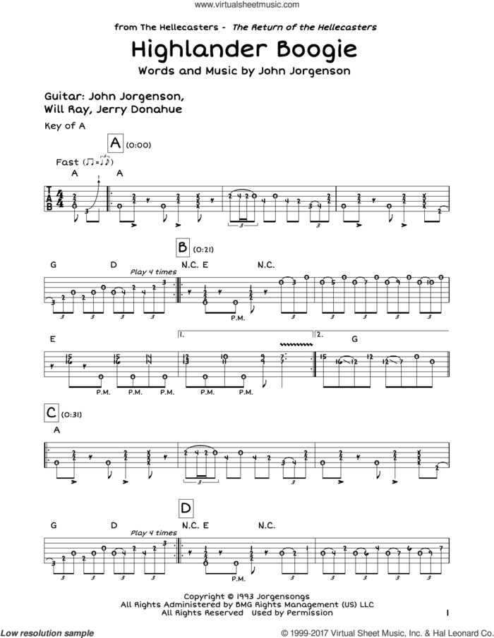 Highlander Boogie sheet music for guitar solo (lead sheet) by The Hellecasters and John Jorgenson, intermediate guitar (lead sheet)