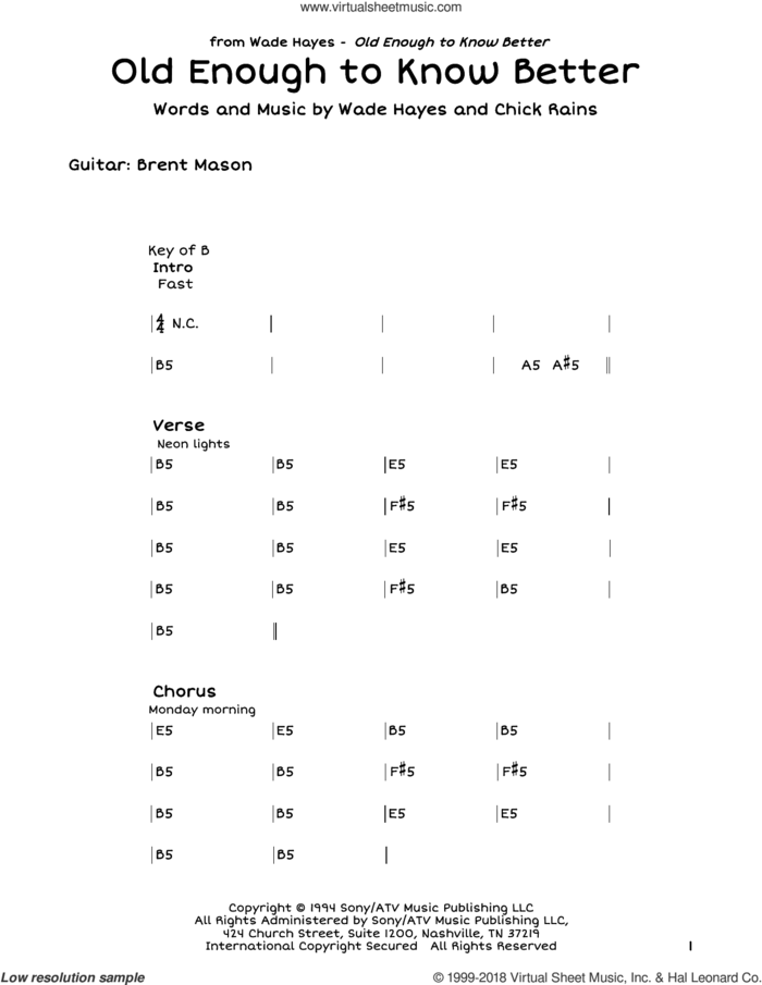 Old Enough To Know Better sheet music for guitar solo (lead sheet) by Wade Hayes and Chick Rains, intermediate guitar (lead sheet)