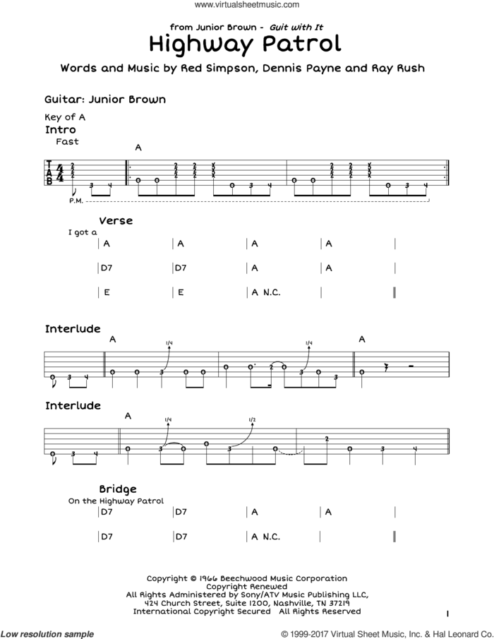 Highway Patrol sheet music for guitar solo (lead sheet) by Ray Rush, Dennis Payne, Joe 'Red' Simpson and Red Simpson, intermediate guitar (lead sheet)