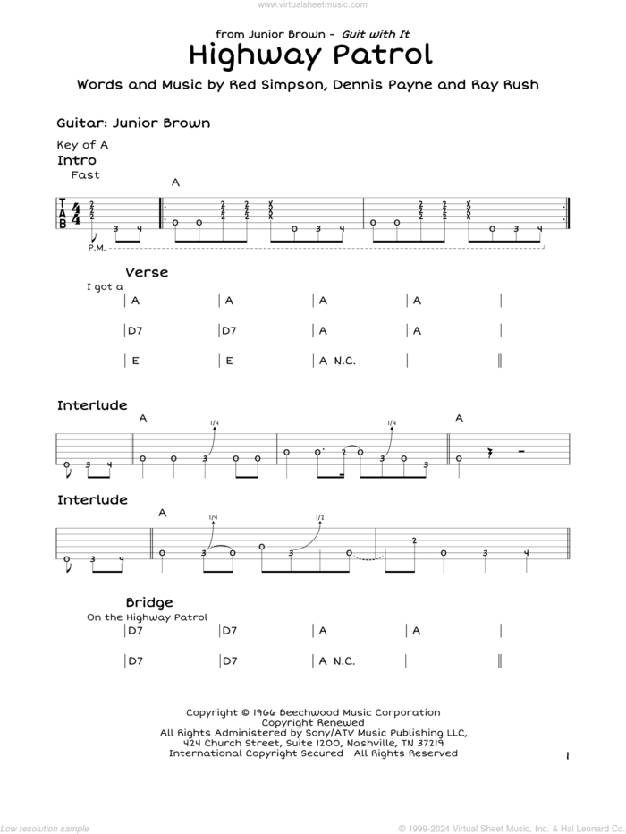 Highway Patrol sheet music for guitar solo (lead sheet) by Ray Rush, Dennis Payne, Joe 'Red' Simpson and Red Simpson, intermediate guitar (lead sheet)