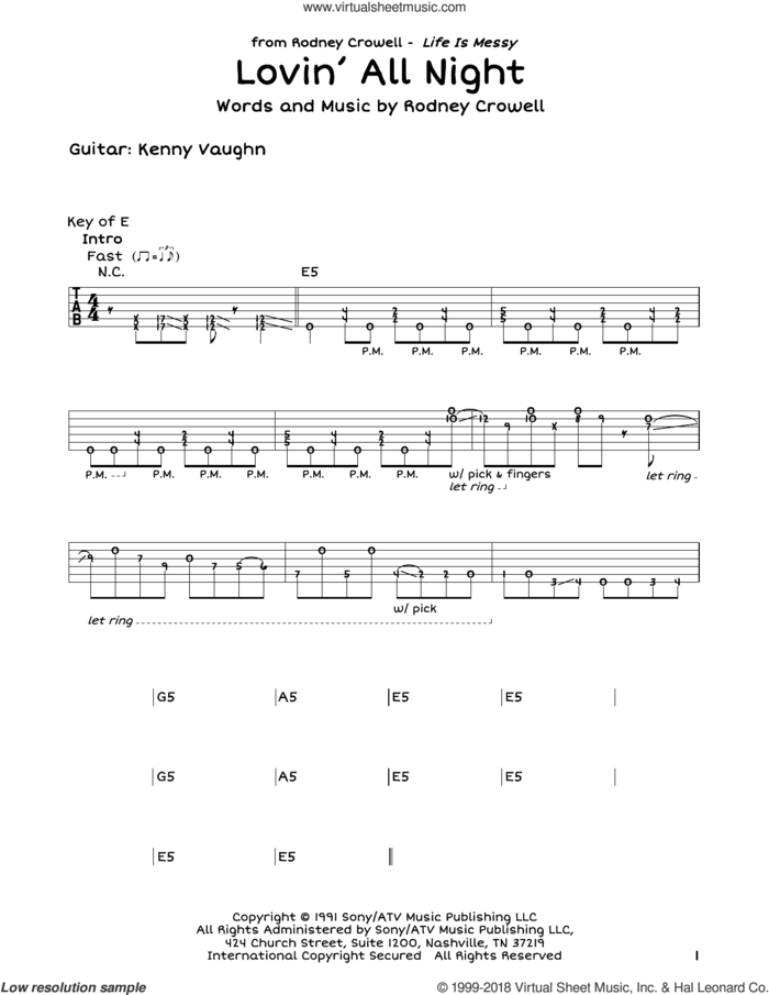 Lovin' All Night sheet music for guitar solo (lead sheet) by Rodney Crowell and Patty Loveless, intermediate guitar (lead sheet)