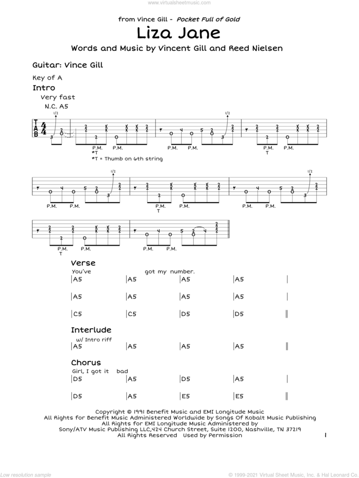Liza Jane sheet music for guitar solo (lead sheet) by Vince Gill, Reed Nielsen and Vincent Gill, intermediate guitar (lead sheet)
