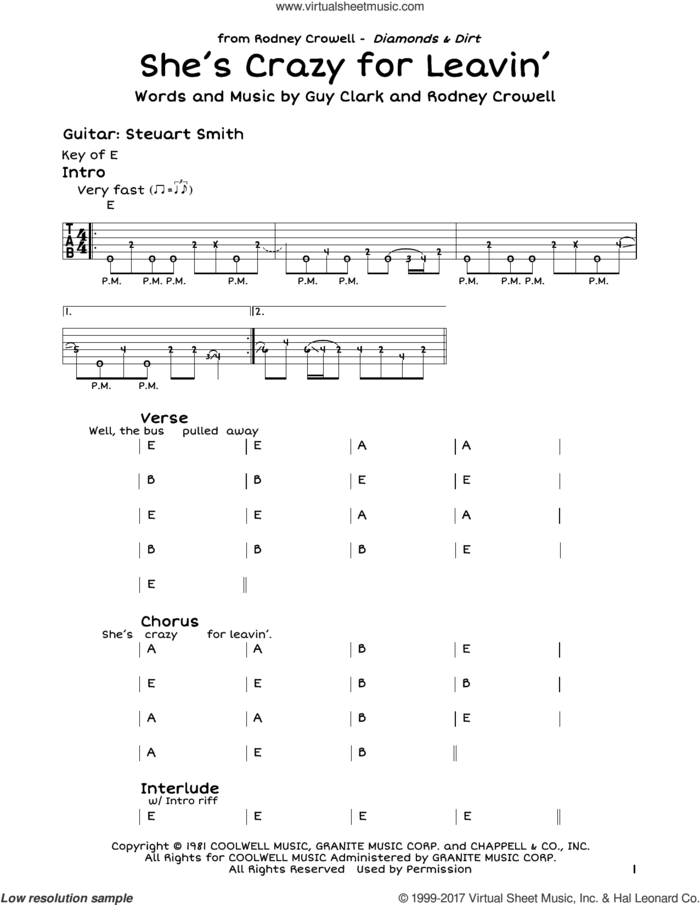 She's Crazy For Leavin' sheet music for guitar solo (lead sheet) by Rodney Crowell and Guy Clark, intermediate guitar (lead sheet)