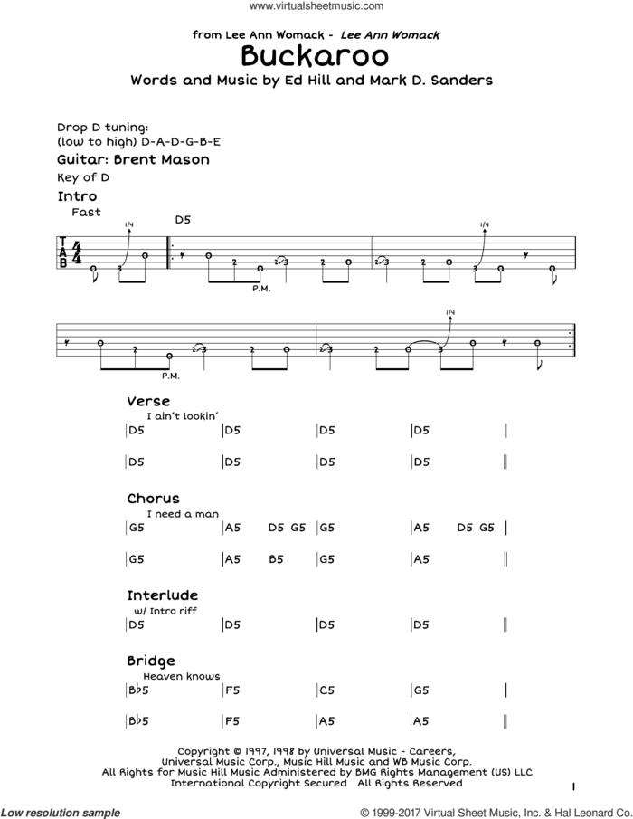 Buckaroo sheet music for guitar solo (lead sheet) by Lee Ann Womack, Ed Hill and Mark D. Sanders, intermediate guitar (lead sheet)