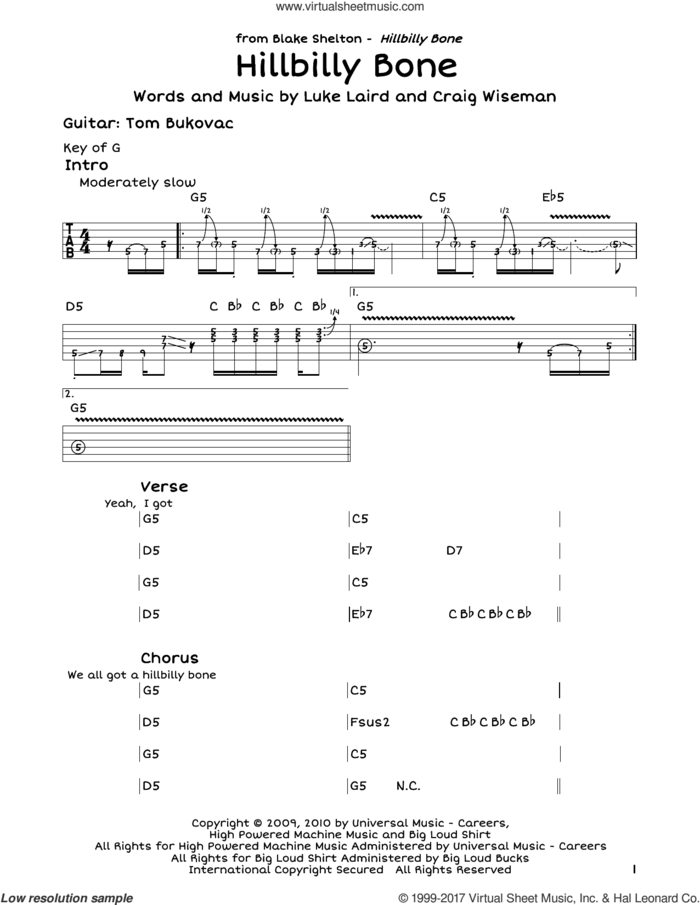 Hillbilly Bone sheet music for guitar solo (lead sheet) by Blake Shelton featuring Trace Adkins, Craig Wiseman and Luke Laird, intermediate guitar (lead sheet)