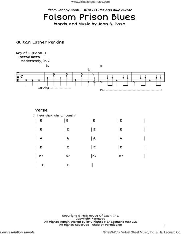 Folsom Prison Blues sheet music for guitar solo (lead sheet) by Johnny Cash, intermediate guitar (lead sheet)