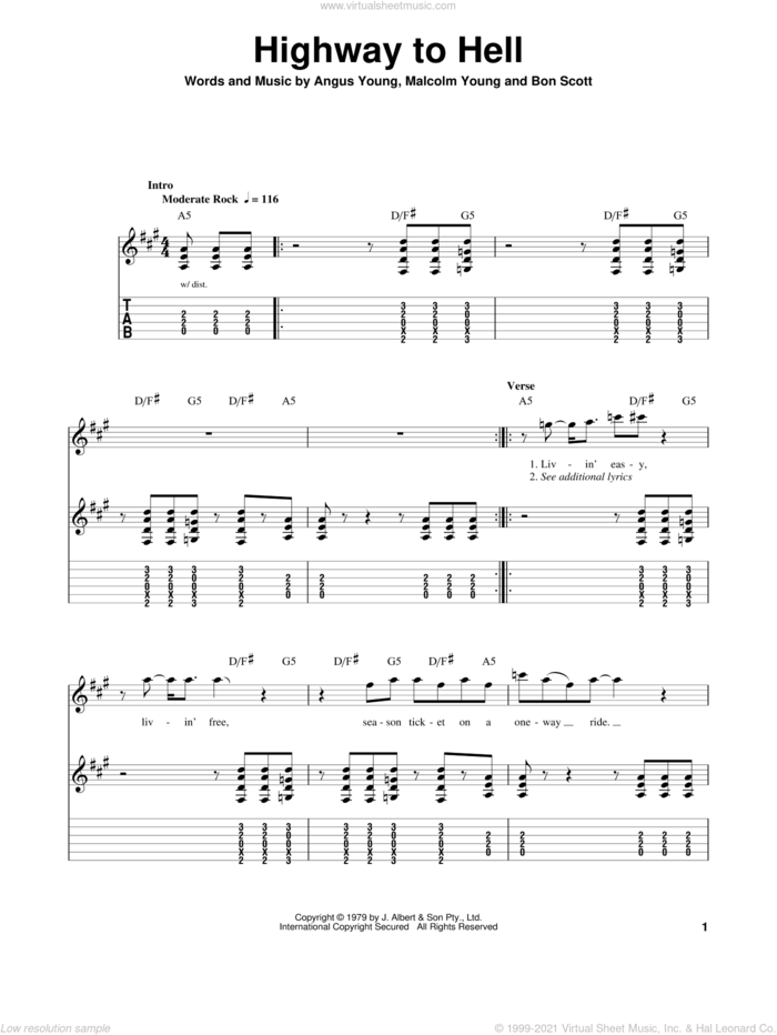 Highway To Hell sheet music for guitar (tablature, play-along) by AC/DC, Angus Young, Bon Scott and Malcolm Young, intermediate skill level
