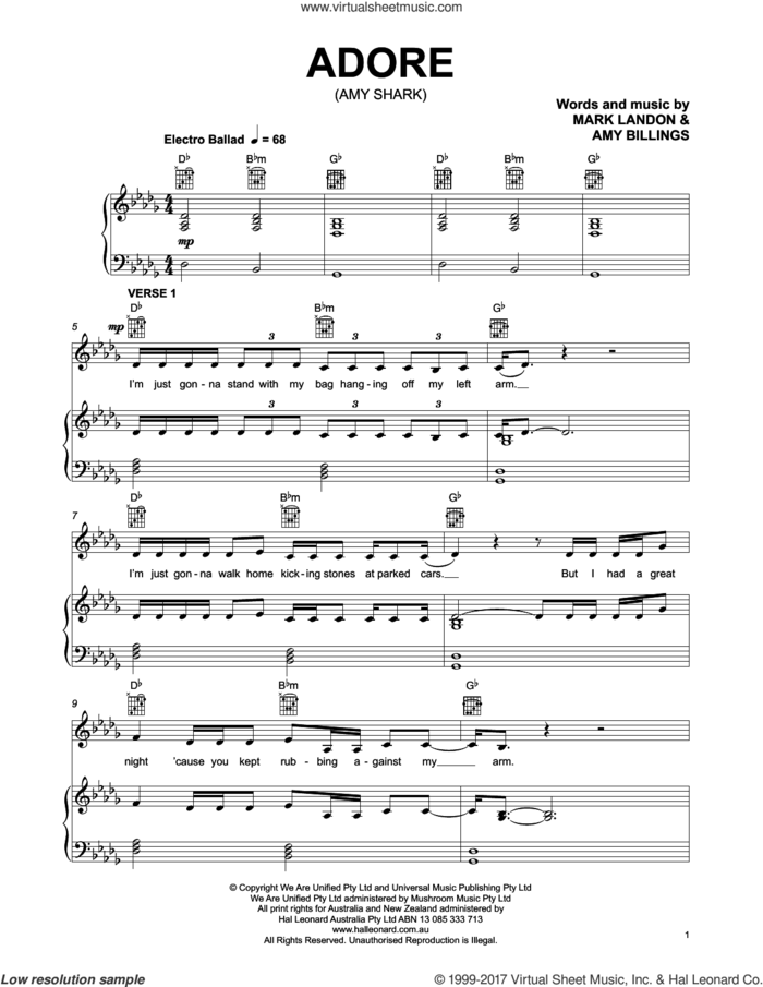 Adore sheet music for voice, piano or guitar by Amy Shark, Amy Billings and Mark Landon, intermediate skill level