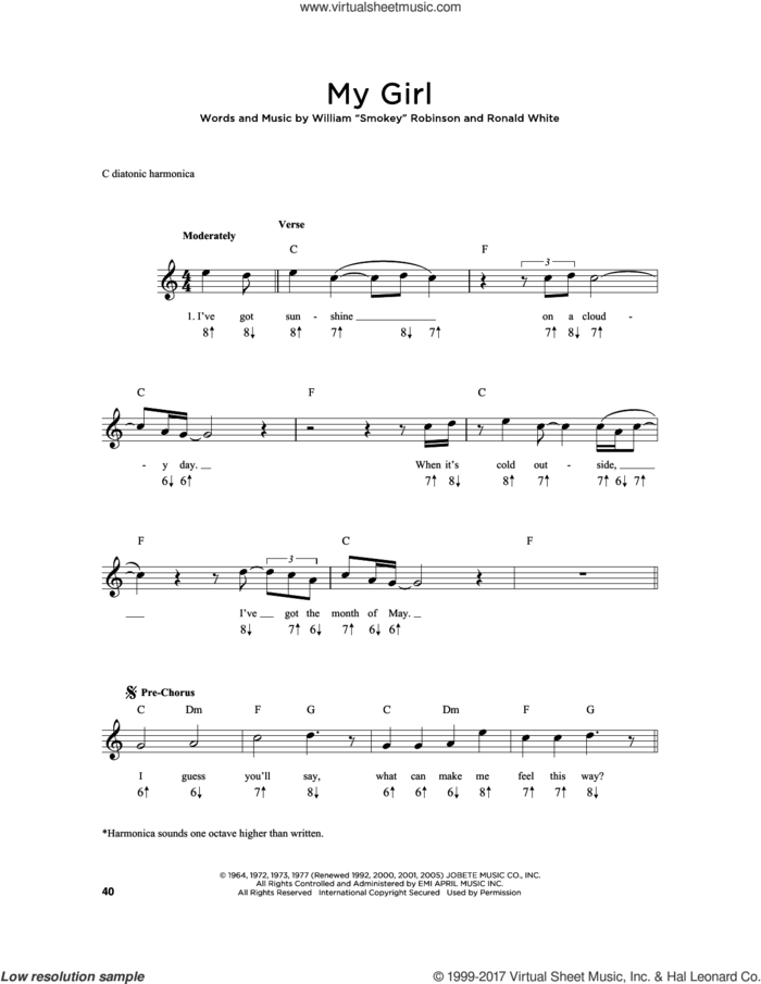 My Girl sheet music for harmonica solo by The Temptations and Ronald White, intermediate skill level