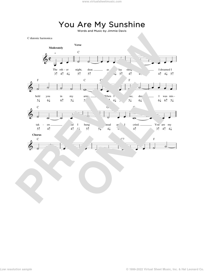 You Are My Sunshine sheet music for harmonica solo by Jimmie Davis, Duane Eddy and Ray Charles, intermediate skill level