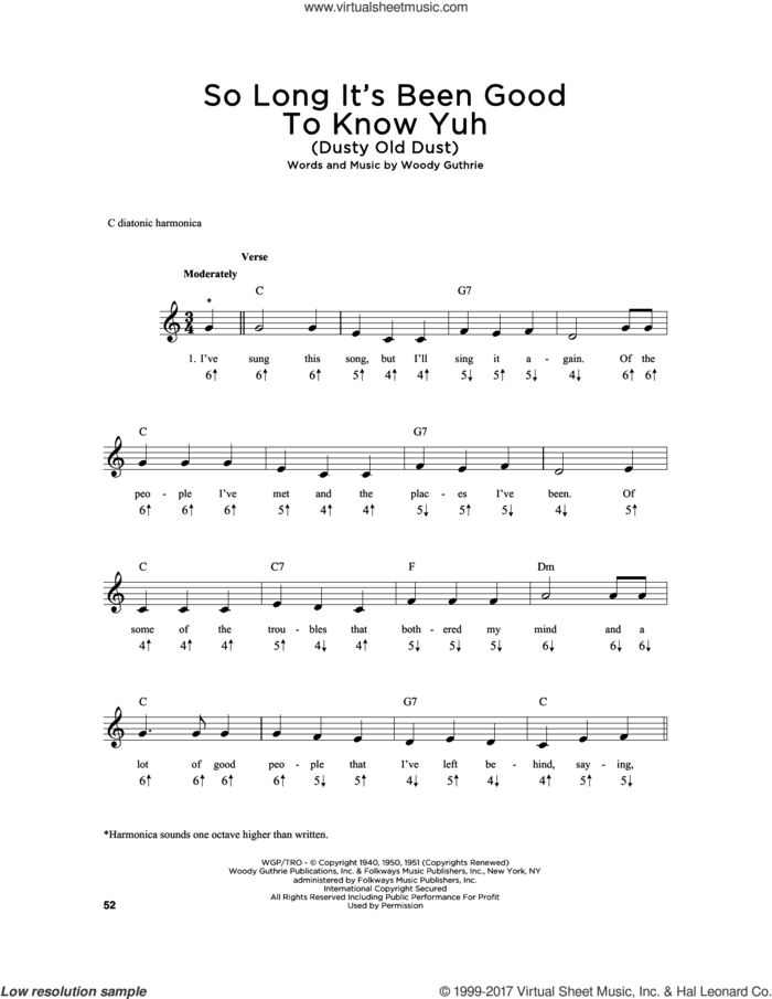 So Long It's Been Good To Know Yuh (Dusty Old Dust) sheet music for harmonica solo by Woody Guthrie, intermediate skill level