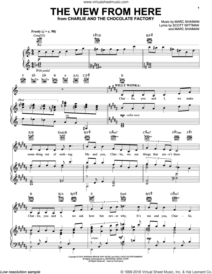 The View From Here sheet music for voice and piano by Marc Shaiman, Roald Dahl and Scott Wittman, intermediate skill level