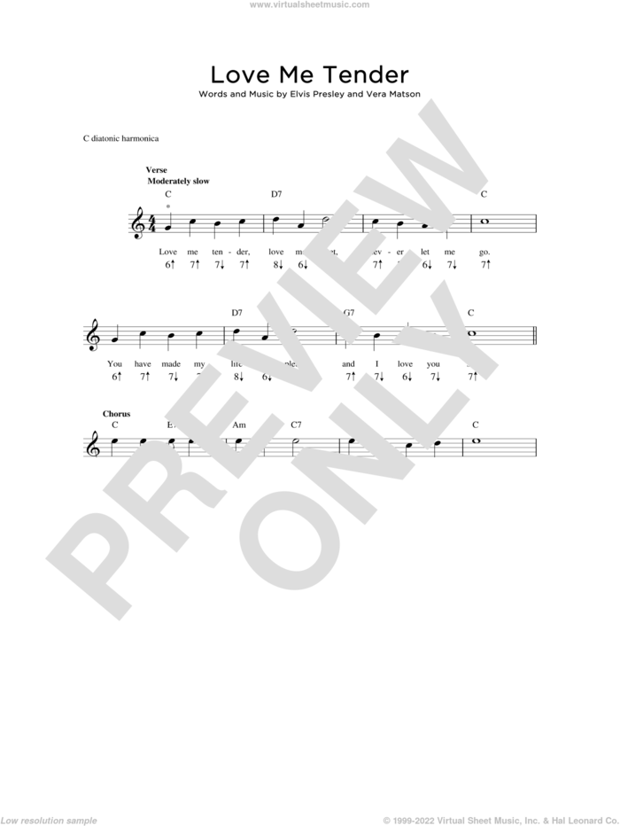 Love Me Tender sheet music for harmonica solo by Elvis Presley and Vera Matson, wedding score, intermediate skill level