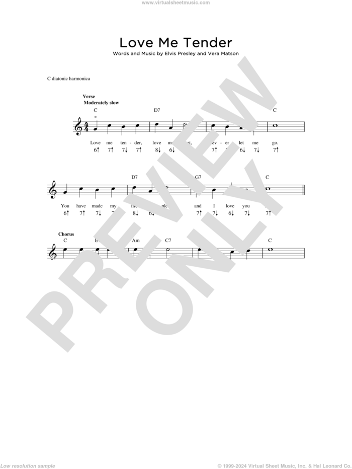 Love Me Tender sheet music for harmonica solo by Elvis Presley and Vera Matson, wedding score, intermediate skill level