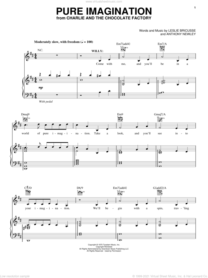 Pure Imagination sheet music for voice and piano by Leslie Bricusse, Marc Shaiman, Roald Dahl, Scott Wittman and Anthony Newley, intermediate skill level