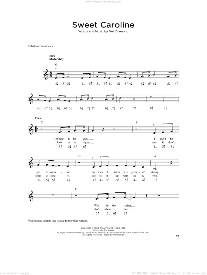Sweet Caroline sheet music for harmonica solo by Neil Diamond, intermediate skill level