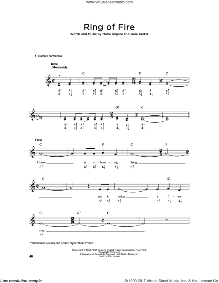 Ring Of Fire sheet music for harmonica solo by Johnny Cash, June Carter and Merle Kilgore, intermediate skill level