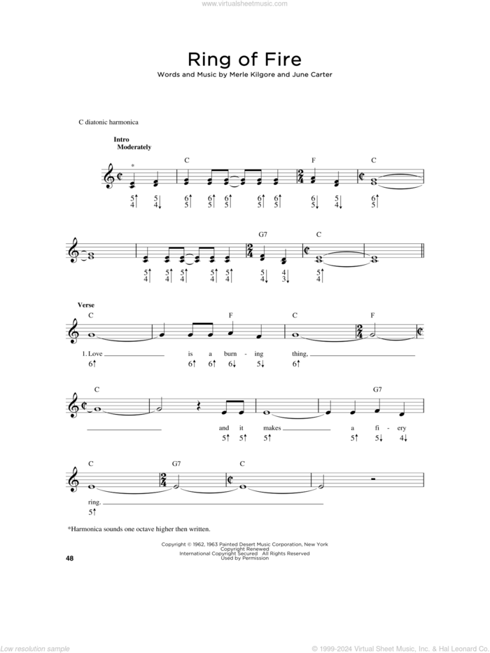 Ring Of Fire sheet music for harmonica solo by Johnny Cash, June Carter and Merle Kilgore, intermediate skill level