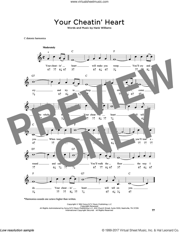 Your Cheatin' Heart sheet music for harmonica solo by Hank Williams, intermediate skill level