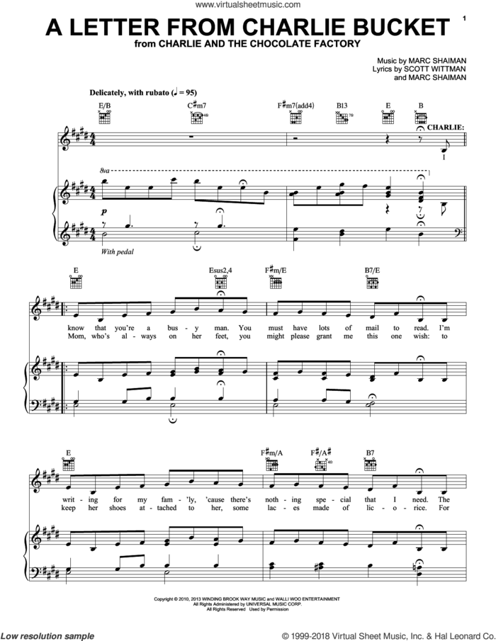 A Letter From Charlie Bucket sheet music for voice and piano by Marc Shaiman, Roald Dahl and Scott Wittman, intermediate skill level