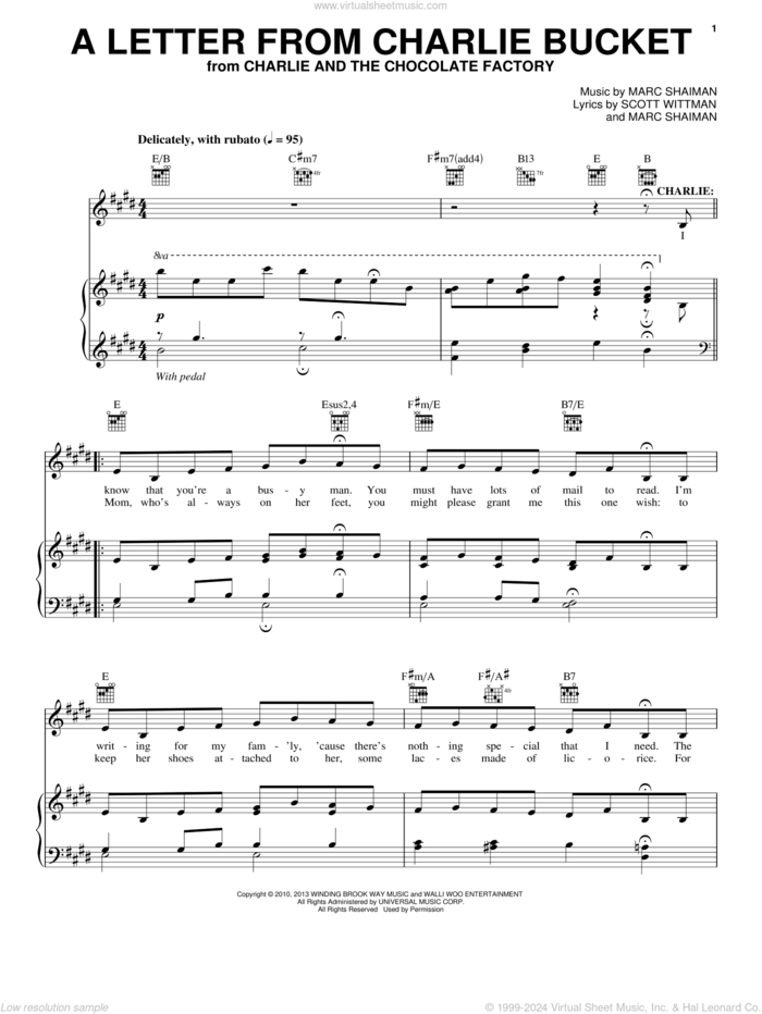 A Letter From Charlie Bucket sheet music for voice and piano by Marc Shaiman, Roald Dahl and Scott Wittman, intermediate skill level