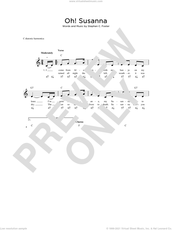 Oh! Susanna sheet music for harmonica solo by Stephen Foster, intermediate skill level