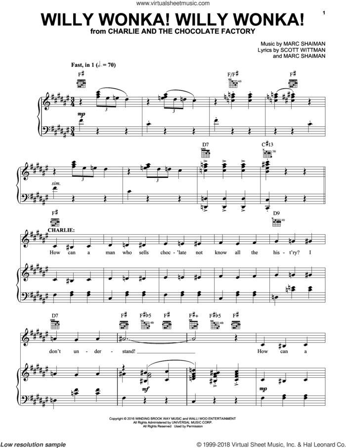 Willy Wonka! Willy Wonka! sheet music for voice and piano by Marc Shaiman, Roald Dahl and Scott Wittman, intermediate skill level