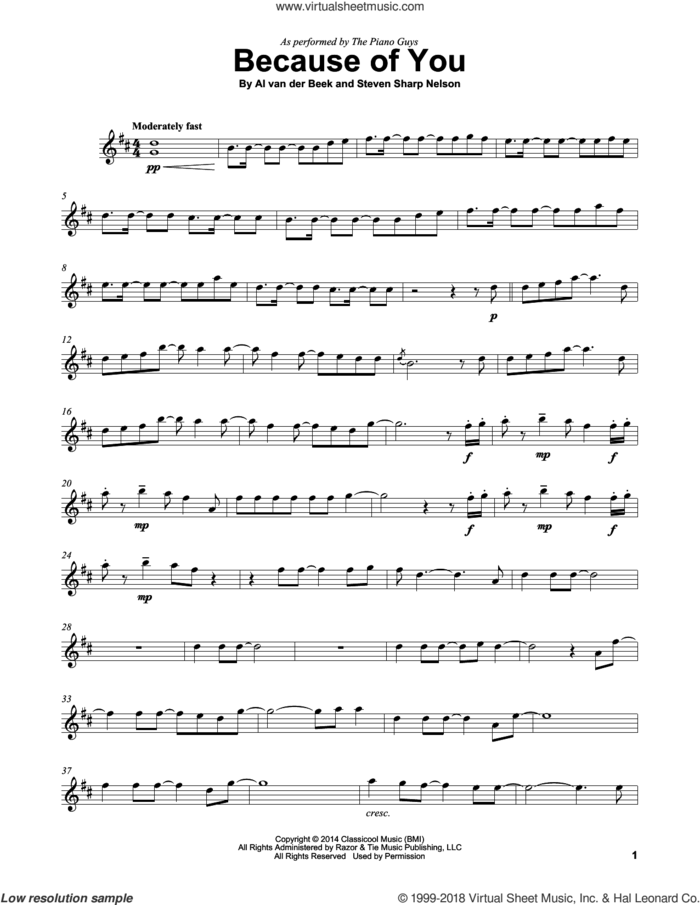 Because Of You sheet music for violin solo by The Piano Guys, Al van der Beek and Steven Sharp Nelson, intermediate skill level