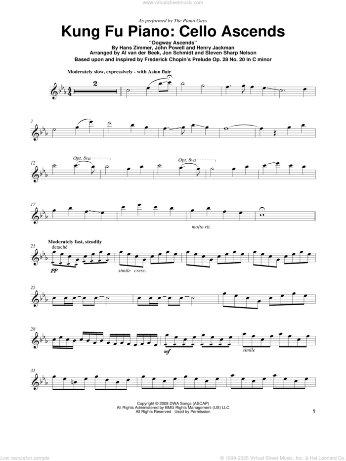 Kung Fu Piano: Cello Ascends sheet music for violin solo by The Piano Guys, Frederick Chopin, Hans Zimmer, Henry Jackman and John Powell, intermediate skill level