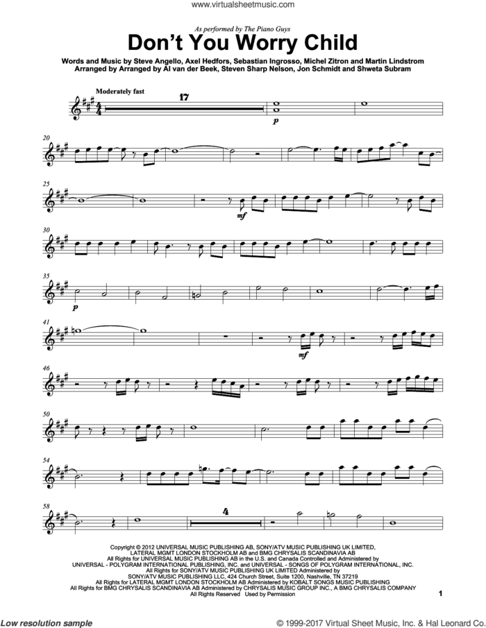 Don't You Worry Child sheet music for violin solo by The Piano Guys, Axel Hedfors, Martin Lindstrom, Michel Zitron, Sebastian Ingrosso and Steve Angello, intermediate skill level
