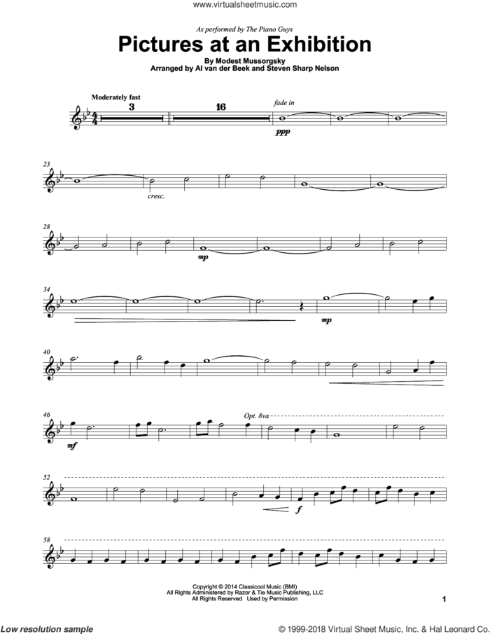 Pictures At An Exhibition sheet music for violin solo by The Piano Guys and Modest Petrovic Mussorgsky, intermediate skill level