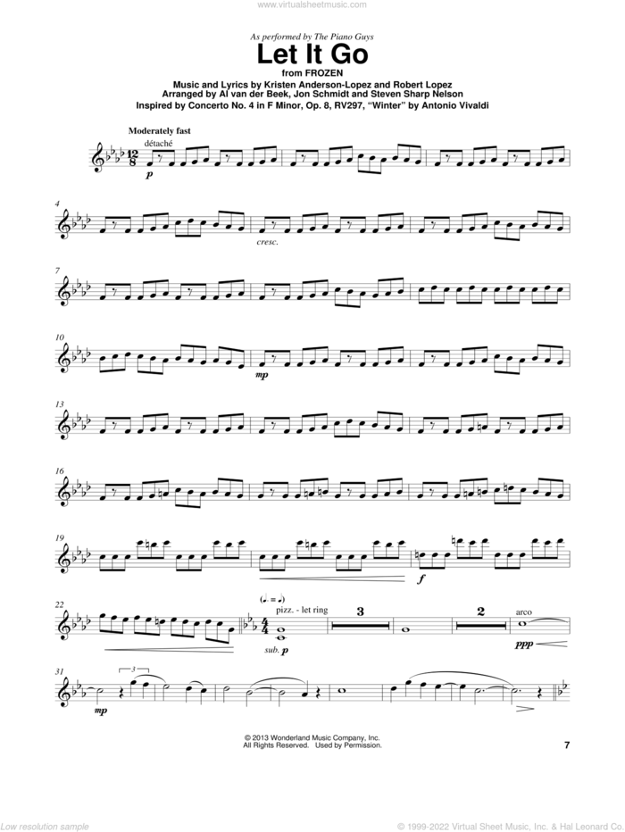 Let It Go (from Frozen) sheet music for violin solo by The Piano Guys, Idina Menzel, Kristen Anderson-Lopez and Robert Lopez, intermediate skill level