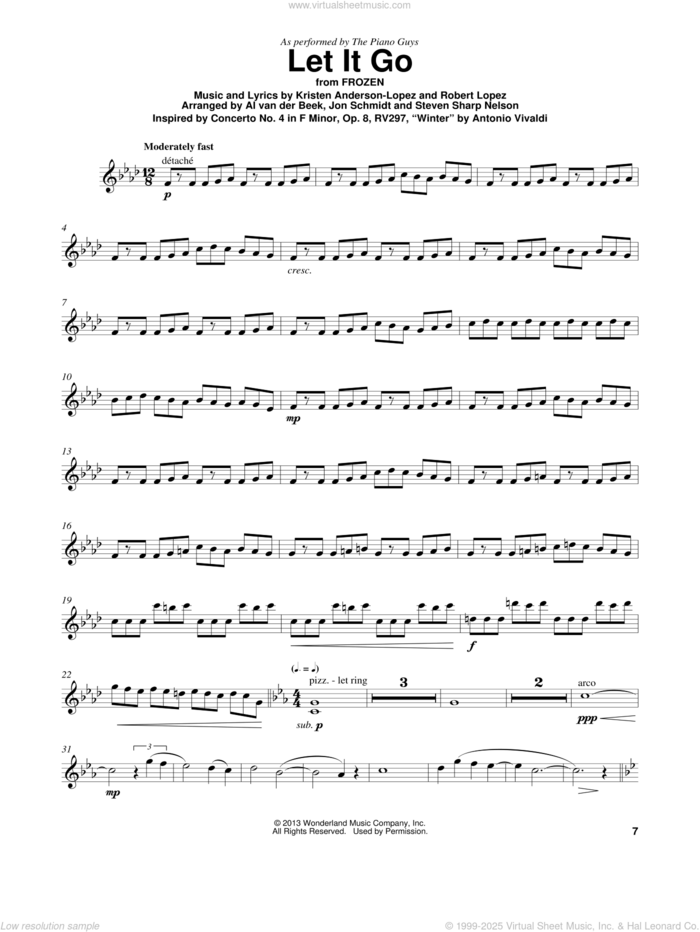 Let It Go (from Frozen) sheet music for violin solo by The Piano Guys, Idina Menzel, Kristen Anderson-Lopez and Robert Lopez, intermediate skill level