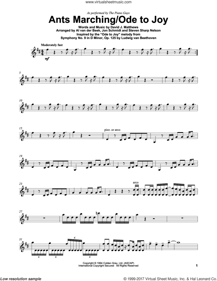 Ants Marching/Ode To Joy sheet music for violin solo by The Piano Guys, Dave Matthews Band and Ludwig van Beethoven, intermediate skill level