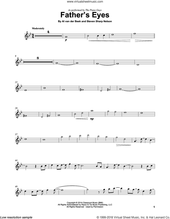 Father's Eyes sheet music for violin solo by The Piano Guys, Al van der Beek and Steven Sharp Nelson, intermediate skill level