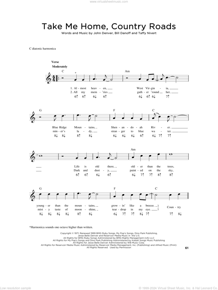 Take Me Home, Country Roads sheet music for harmonica solo by John Denver, Bill Danoff and Taffy Nivert, intermediate skill level