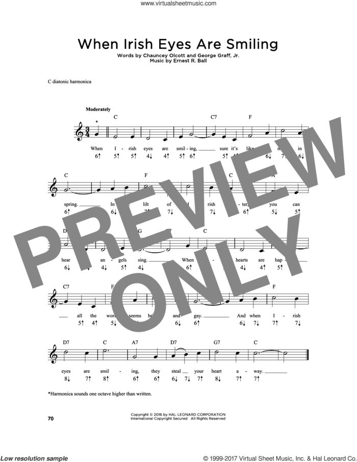 When Irish Eyes Are Smiling sheet music for harmonica solo by Chauncey Olcott, Ernest R. Ball and George Graff Jr., intermediate skill level