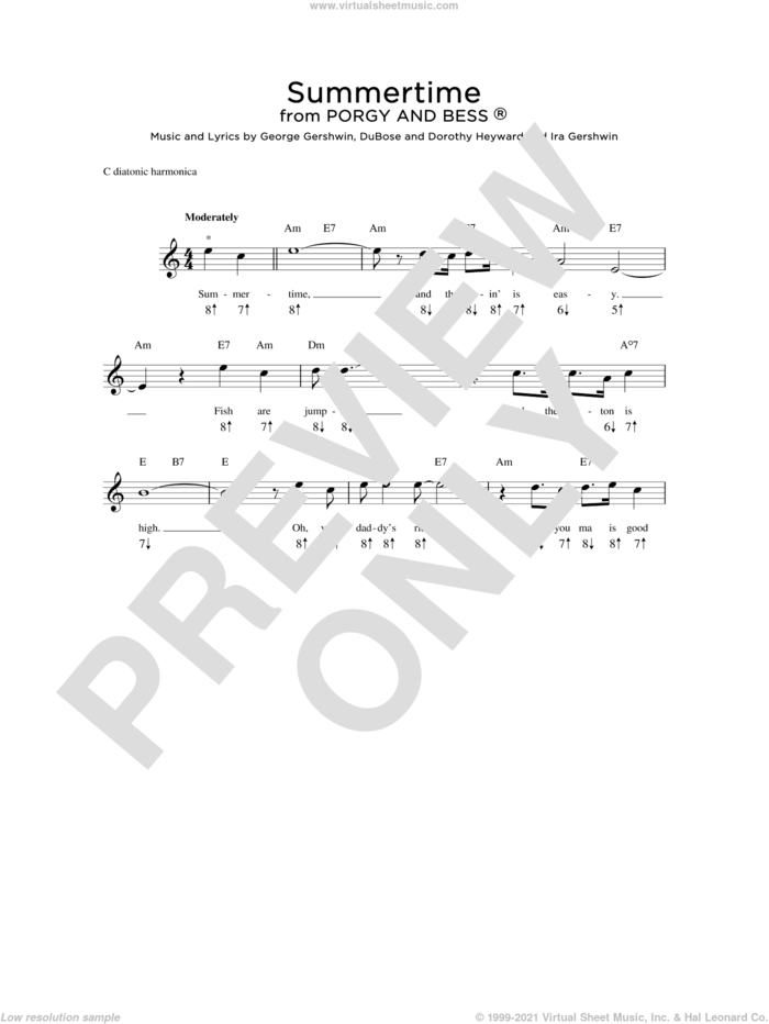 Summertime sheet music for harmonica solo by George Gershwin, Dorothy Heyward, DuBose Heyward and Ira Gershwin, intermediate skill level