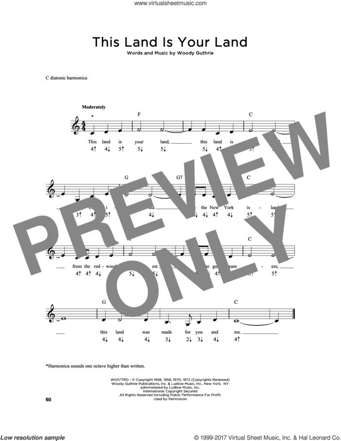 This Land Is Your Land sheet music for harmonica solo by Woody Guthrie, intermediate skill level