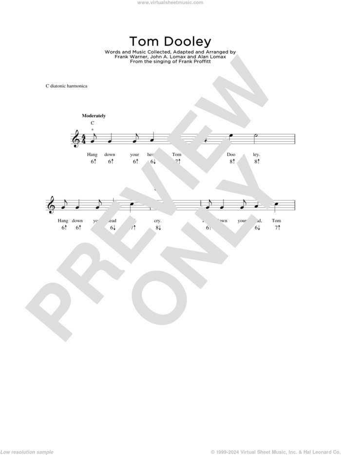 Tom Dooley sheet music for harmonica solo by Kingston Trio, Frank Warner and John A. Lomax, intermediate skill level