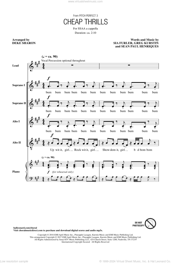 Cheap Thrills (from Pitch Perfect 3) (arr. Deke Sharon) sheet music for choir (SSAA: soprano, alto) by Deke Sharon, Sia, Sia feat. Sean Paul, Greg Kurstin, Sean Paul Henriques and Sia Furler, intermediate skill level