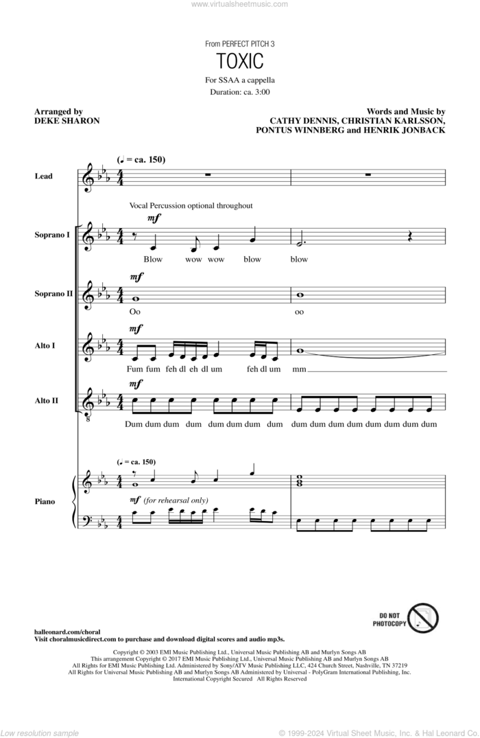 Toxic (arr. Deke Sharon) sheet music for choir (SSAA: soprano, alto) by Cathy Dennis, Deke Sharon, Britney Spears, Christian Karlsson, Henrik Jonback and Pontus Winnberg, intermediate skill level