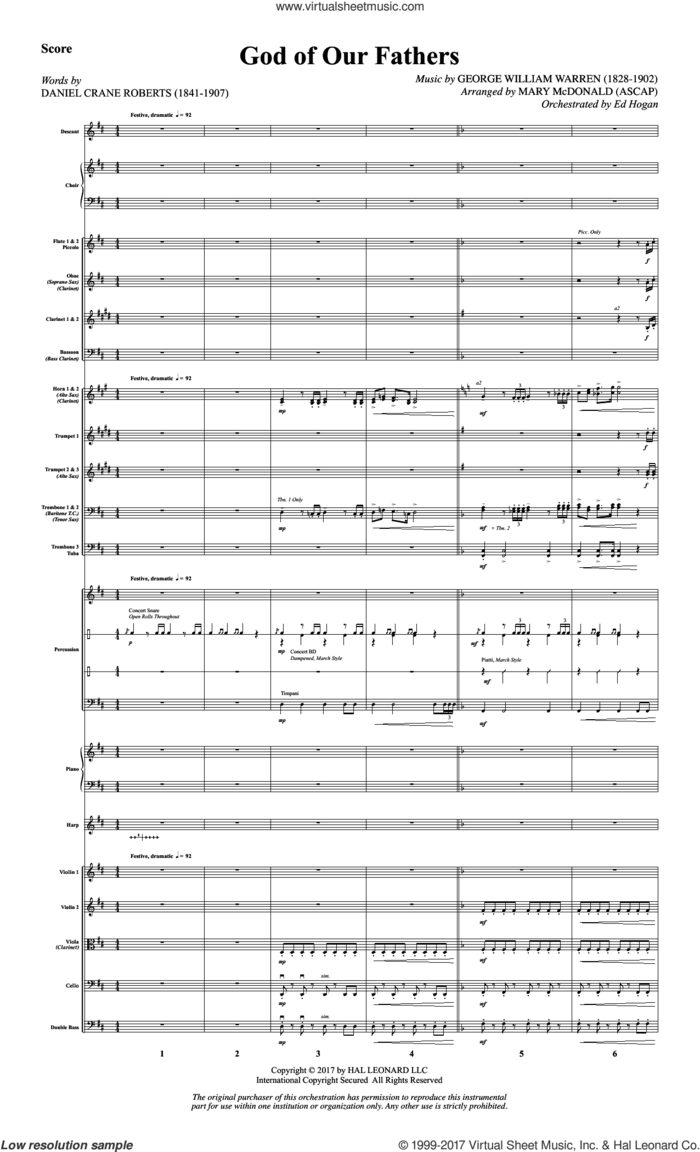 God of Our Fathers (COMPLETE) sheet music for orchestra/band by Mary McDonald, Daniel Crane Roberts and George William Warren, intermediate skill level