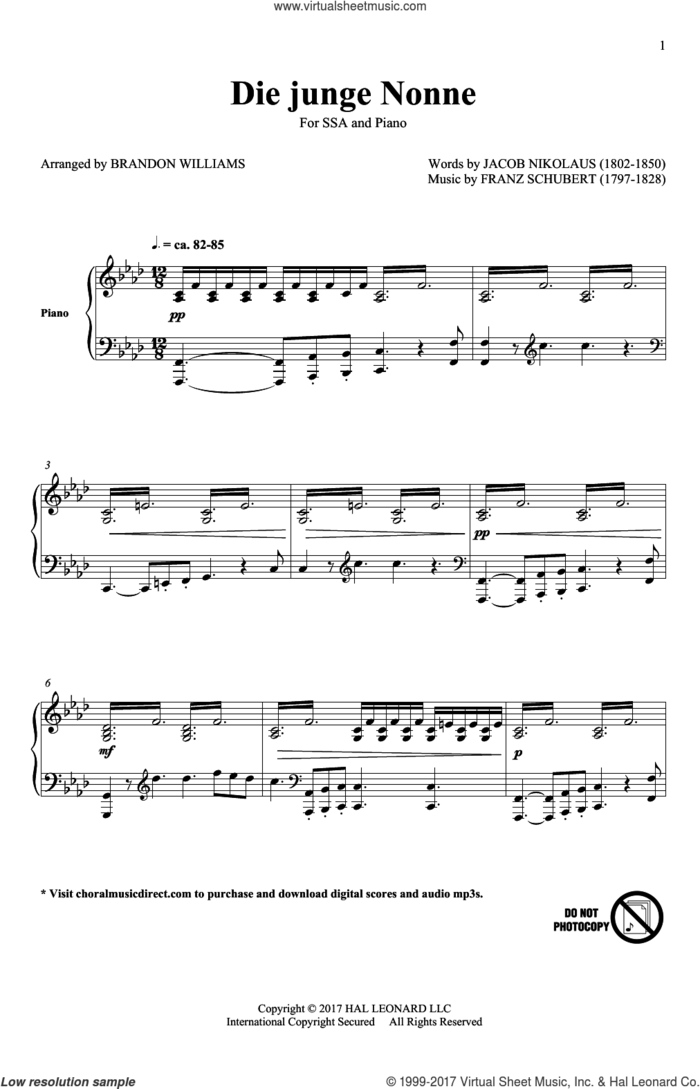Die Junge Nonne sheet music for choir (SSA: soprano, alto) by Franz Schubert, Brandon Williams and Jacob Nicolaus Jachelutta, intermediate skill level