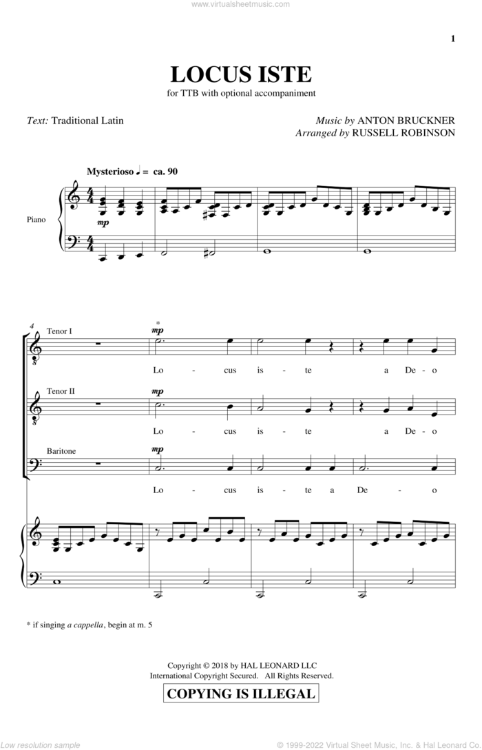 Locus Iste sheet music for choir (TTBB: tenor, bass) by Anton Bruckner, Russell Robinson and Miscellaneous, intermediate skill level