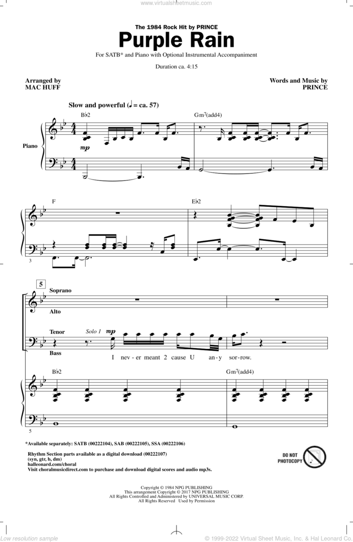 Purple Rain (arr. Mac Huff) sheet music for choir (SATB: soprano, alto, tenor, bass) by Prince and Mac Huff, intermediate skill level
