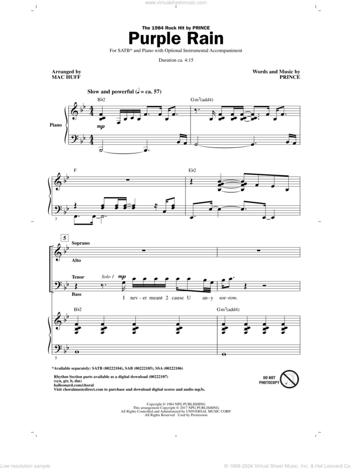 Purple Rain (arr. Mac Huff) sheet music for choir (SATB: soprano, alto, tenor, bass) by Prince and Mac Huff, intermediate skill level