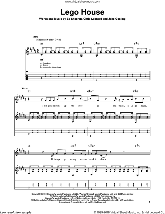 Lego House sheet music for guitar (tablature, play-along) by Ed Sheeran, Chris Leonard and Jake Gosling, intermediate skill level