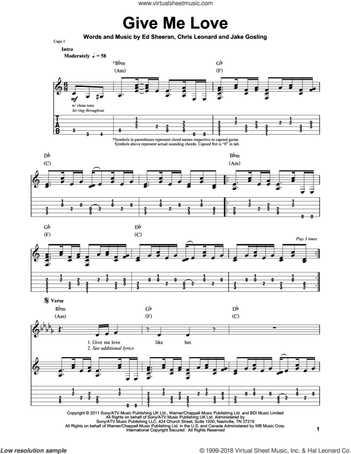 Give Me Love sheet music for guitar (tablature, play-along) by Ed Sheeran, Chris Leonard and Jake Gosling, intermediate skill level