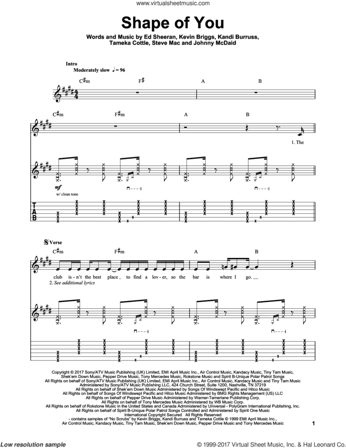 Shape Of You sheet music for guitar (tablature, play-along) by Ed Sheeran, Johnny McDaid, Kandi Burruss, Kevin Briggs, Steve Mac and Tameka Cottle, intermediate skill level